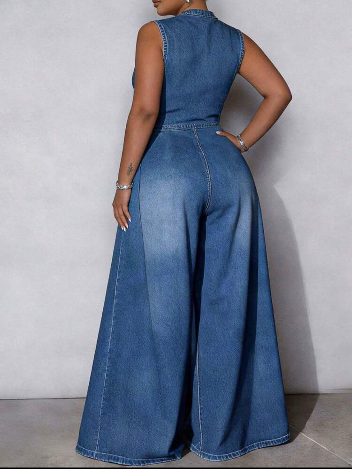 FZ Women's Sleeveless Floor-Length Pleated Waist Wide-Leg Denim Jumpsuit