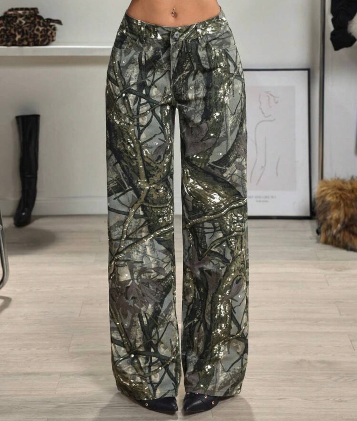 FZ Women's Camouflage Washed Straight Leg Denim Pants
