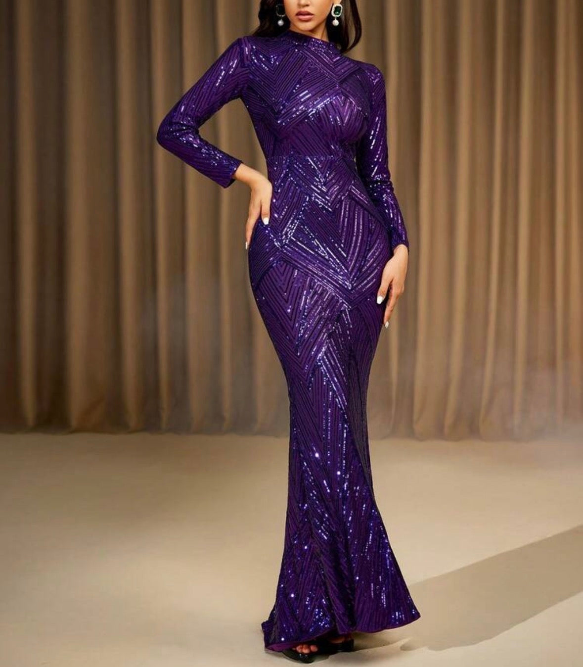 FZ Women's Long Sleeve Stand Collar Randomized Pattern Sequin Maxi Evening Dress