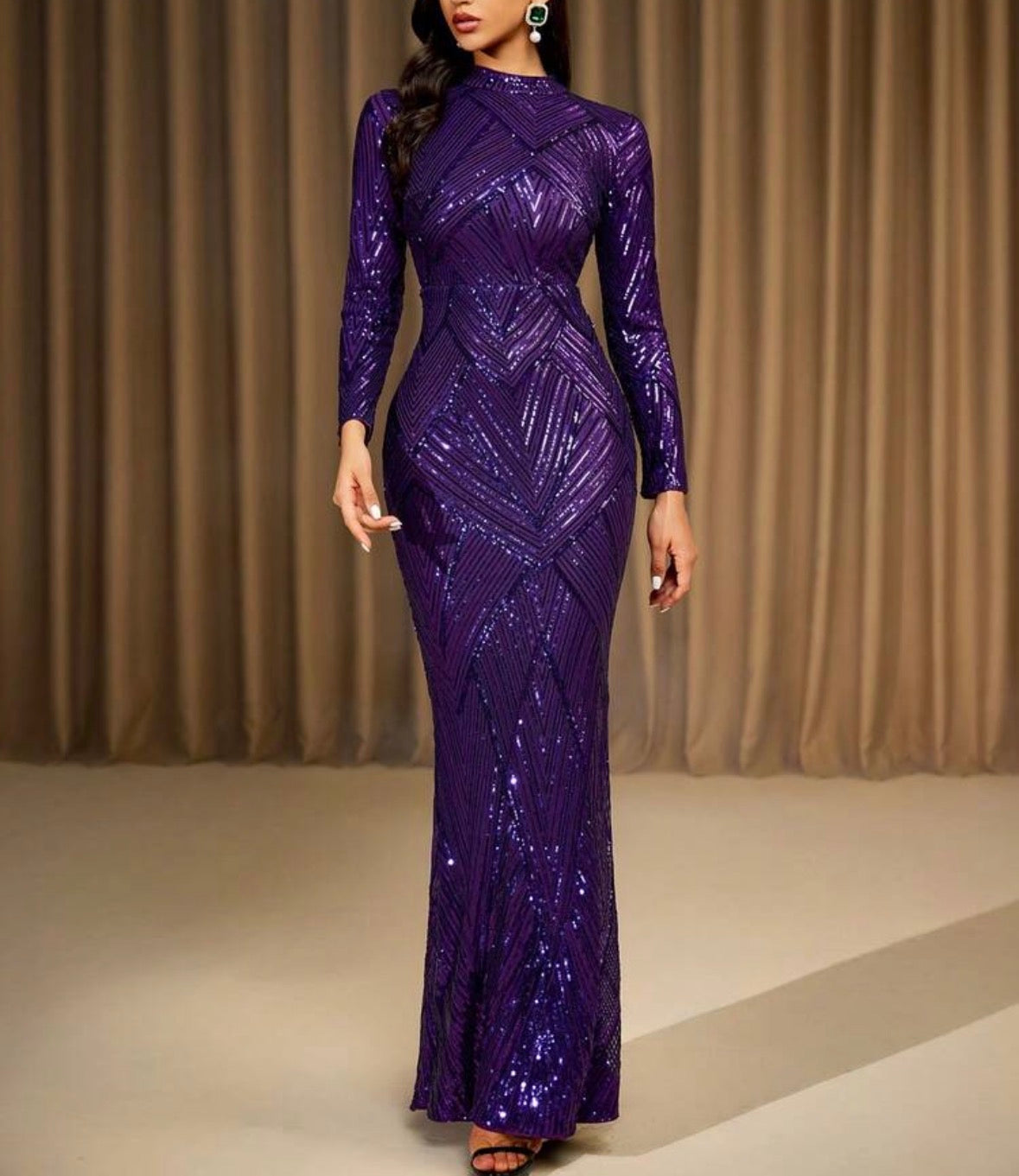 FZ Women's Long Sleeve Stand Collar Randomized Pattern Sequin Maxi Evening Dress