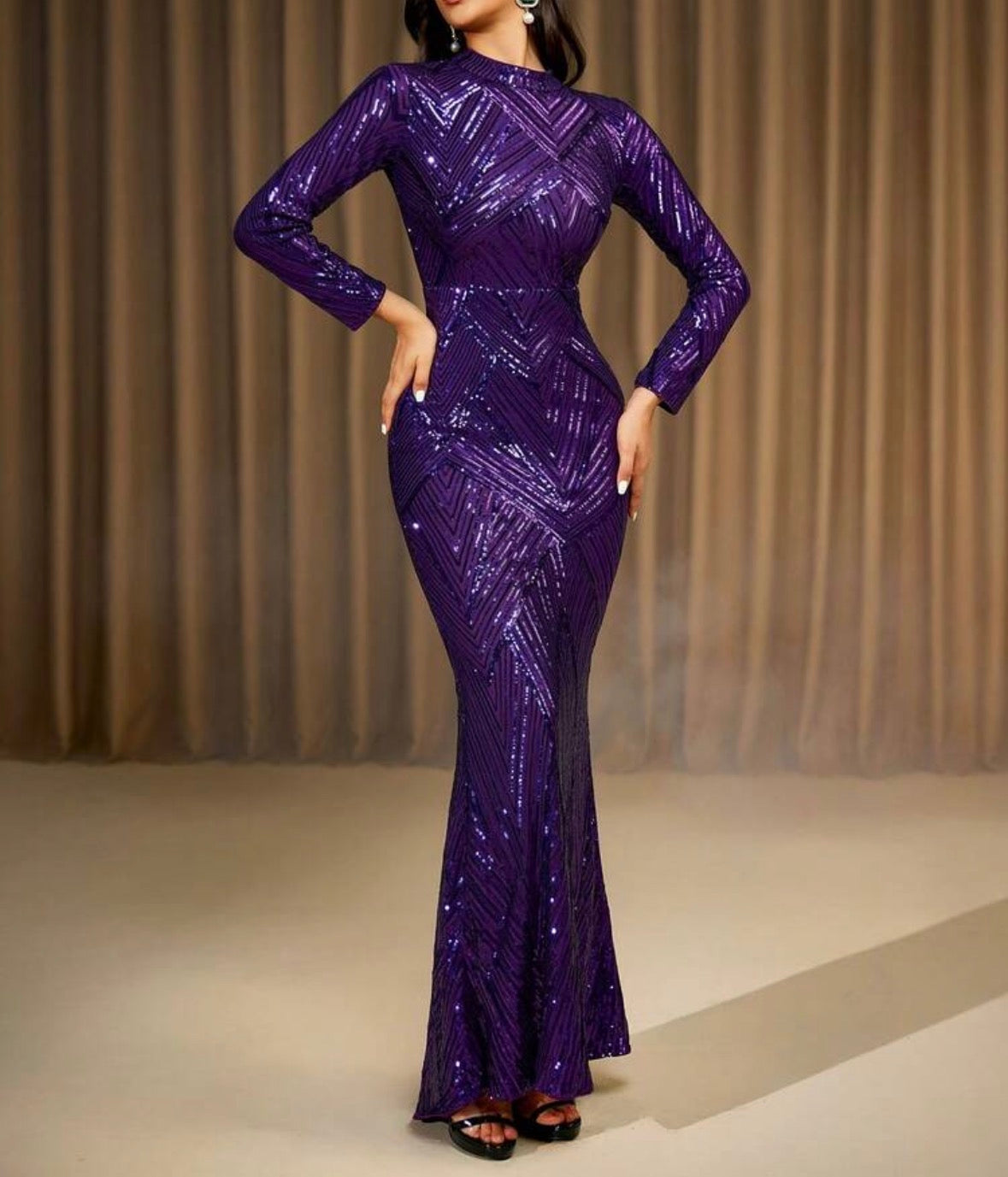 FZ Women's Long Sleeve Stand Collar Randomized Pattern Sequin Maxi Evening Dress