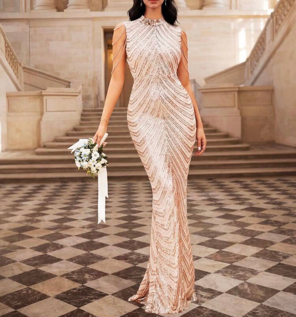 FZ Women's Sequin Chain Detail High Neck Floor Length Mermaid Evening Dress