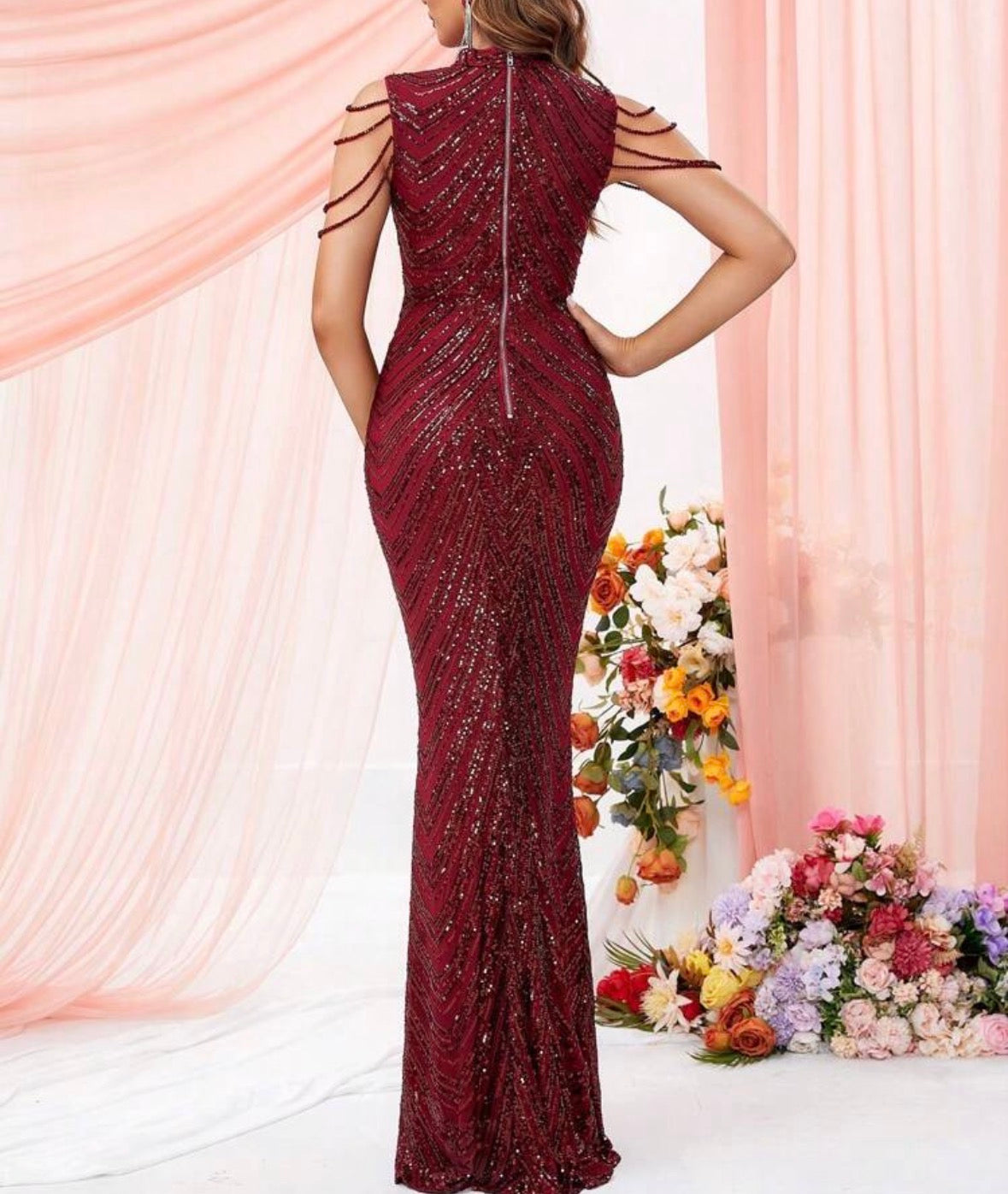 FZ Women's Sequin Chain Detail High Neck Floor Length Mermaid Evening Dress