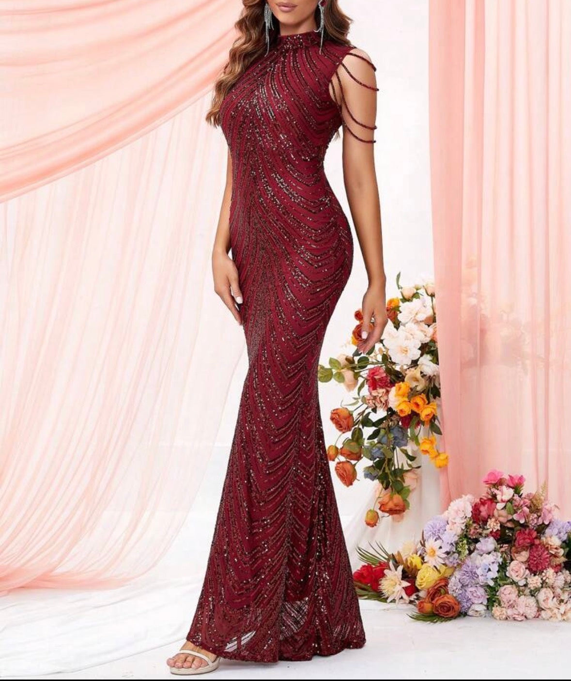FZ Women's Sequin Chain Detail High Neck Floor Length Mermaid Evening Dress
