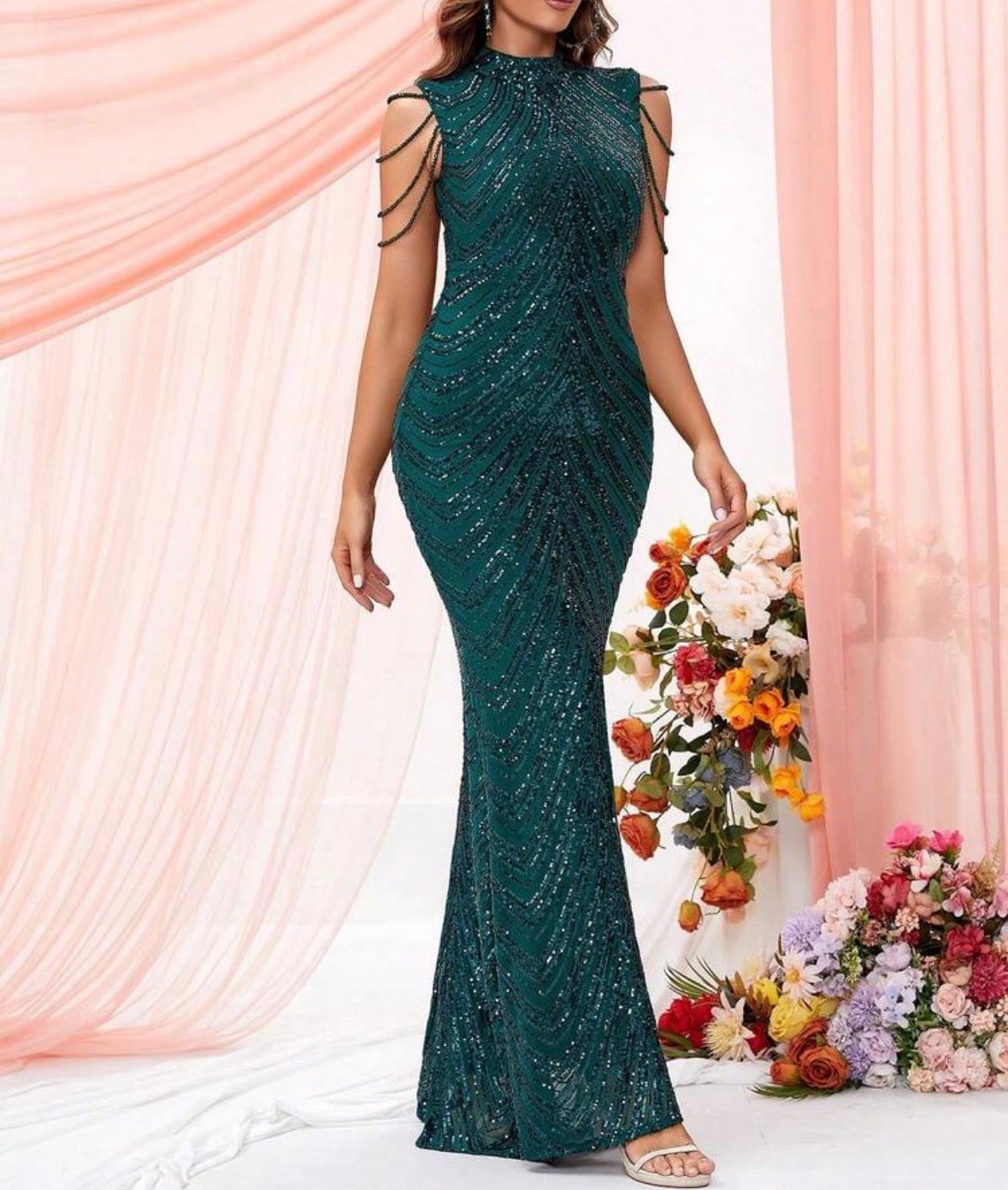 FZ Women's Sequin Chain Detail High Neck Floor Length Mermaid Evening Dress