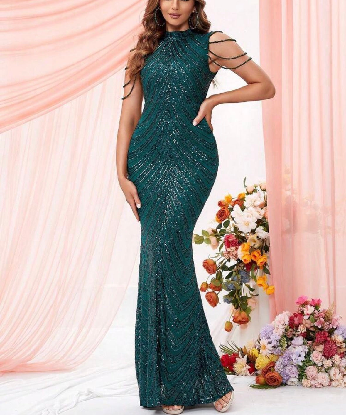 FZ Women's Sequin Chain Detail High Neck Floor Length Mermaid Evening Dress
