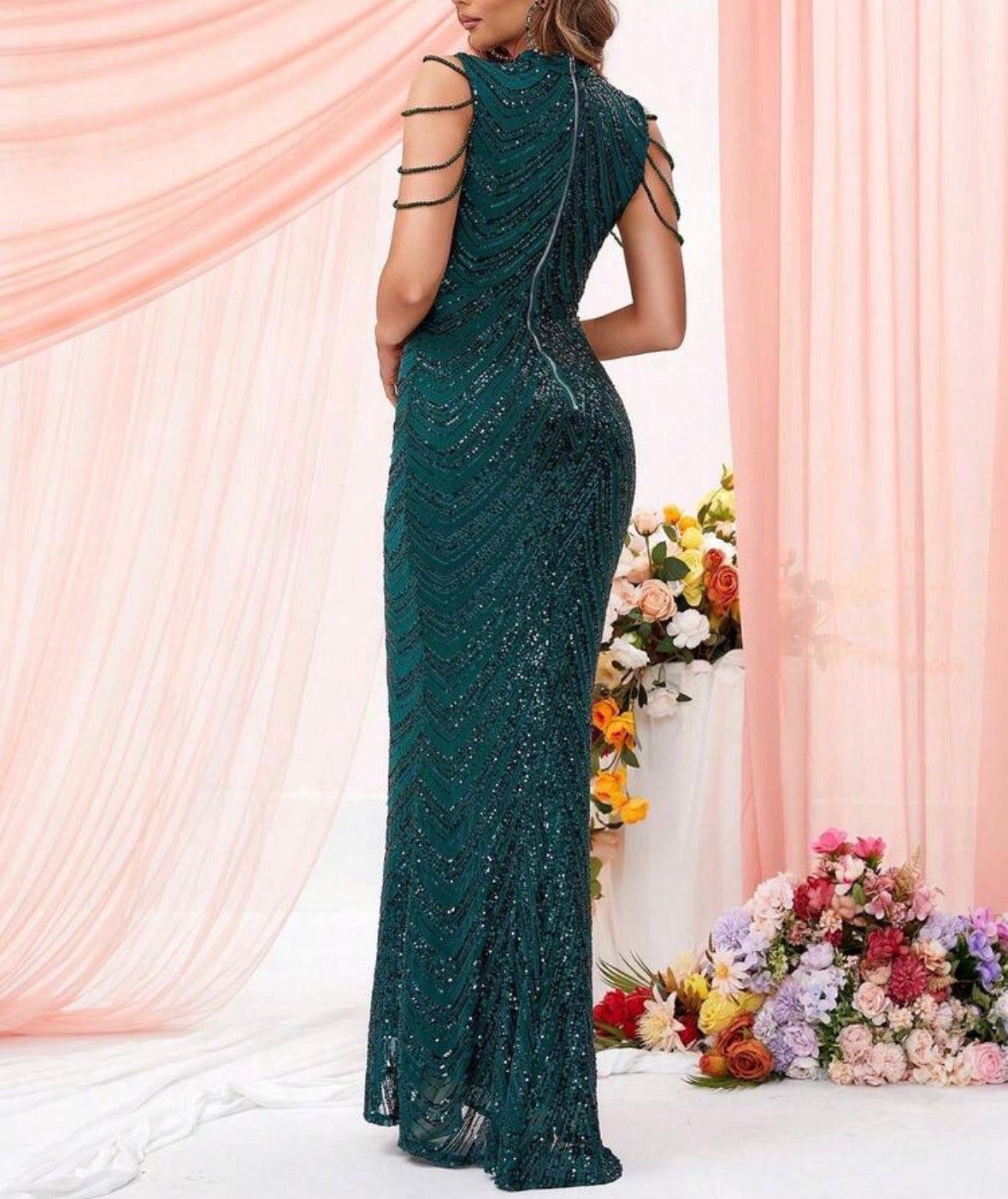 FZ Women's Sequin Chain Detail High Neck Floor Length Mermaid Evening Dress