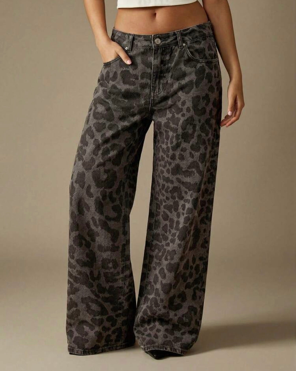 FZ Women's Mid Rise Leopard Print Wide Leg Denim Pants