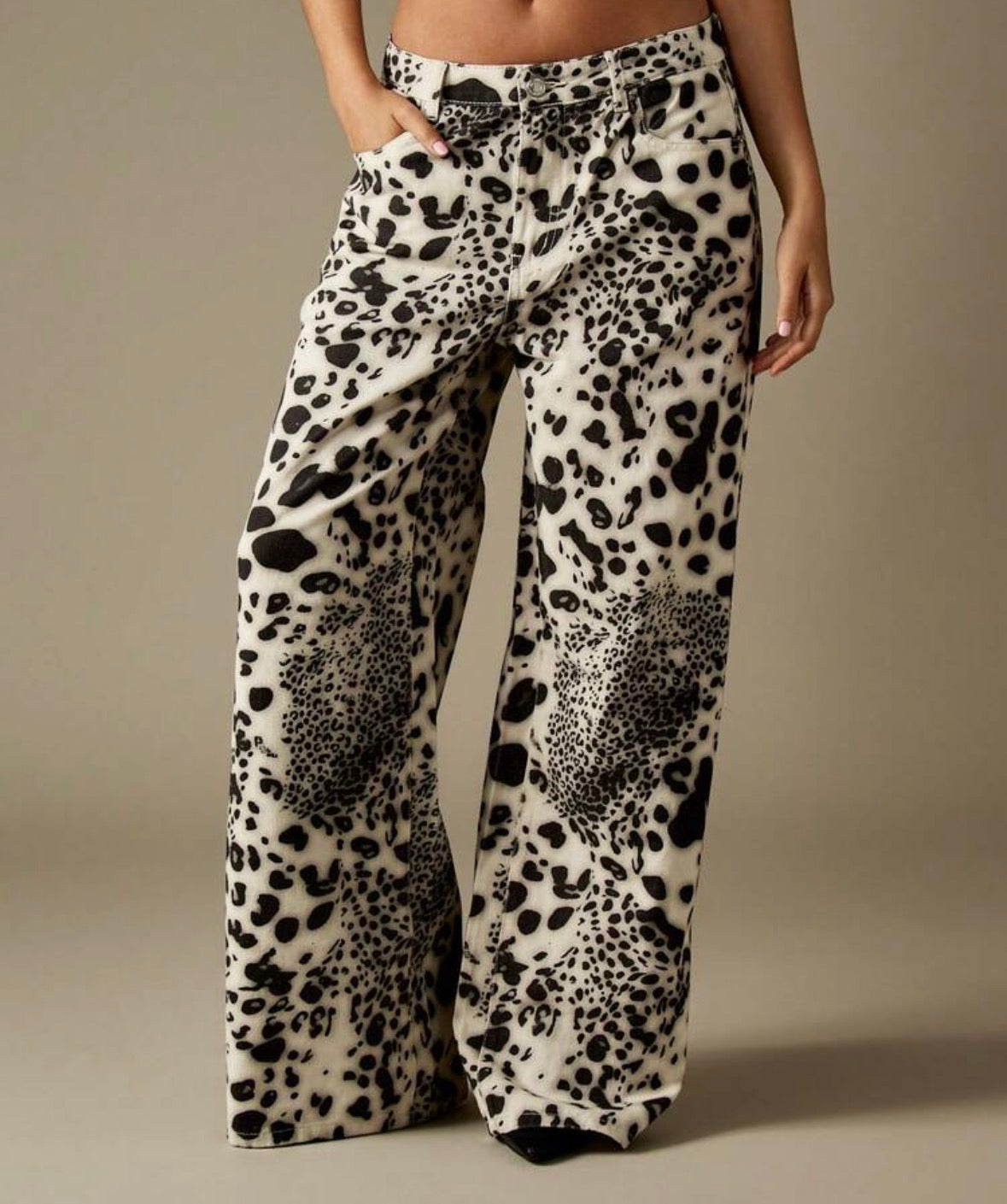 FZ Women's Mid Rise Leopard Print Wide Leg Denim Pants
