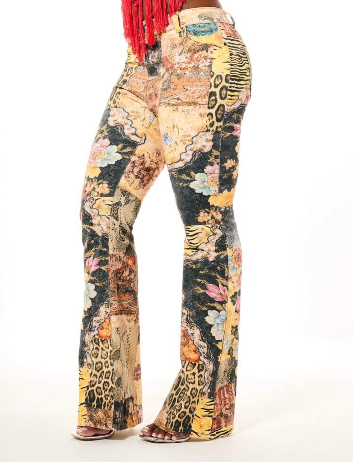 FZ Women's Vintage Collage Print Floral Patchwork High Rise Flared Denim Pants