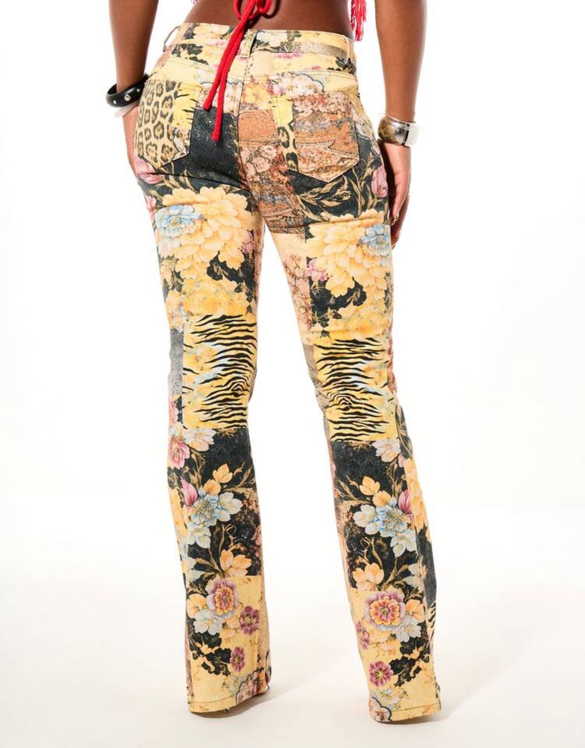 FZ Women's Vintage Collage Print Floral Patchwork High Rise Flared Denim Pants