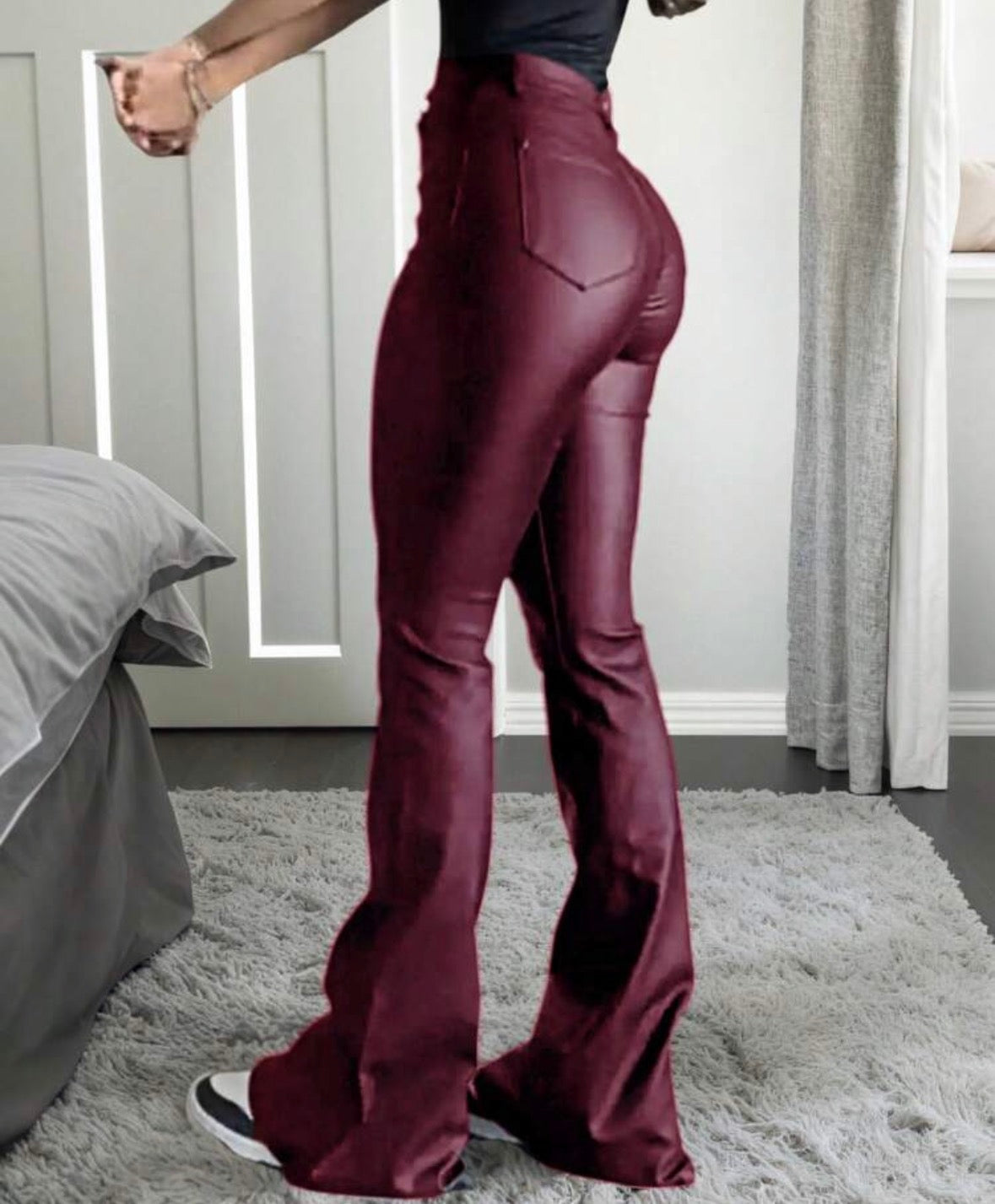 FZ Women Coated Faux Leather High Waisted Flared Pants,