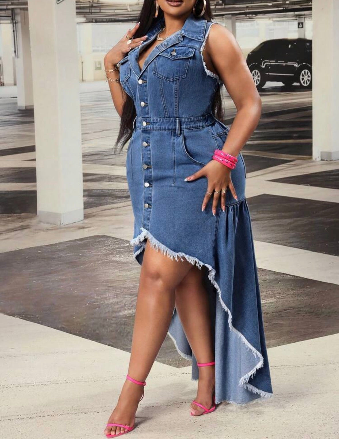 FZ Women's Plus Size Sleeveless Single-Breasted Frayed Hem Midi Denim Dress
