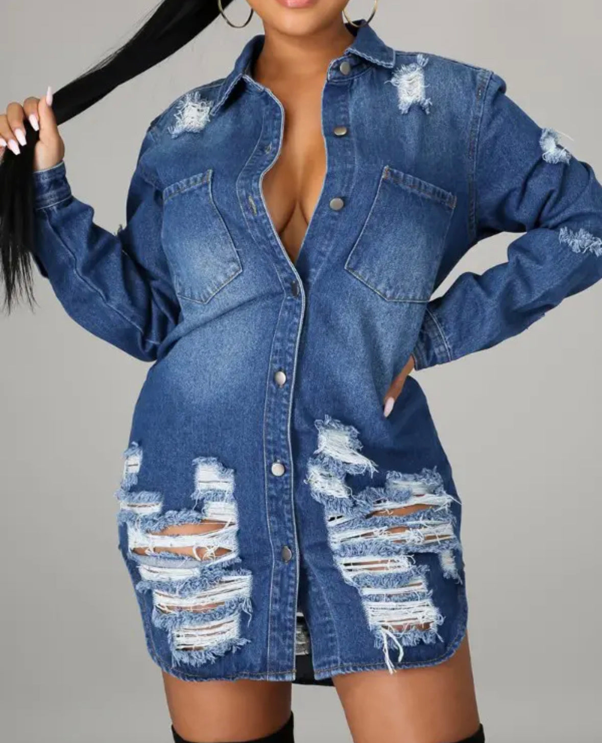 FZ Women's Fringe Hem Cutout Denim Shirt Dress - FZwear