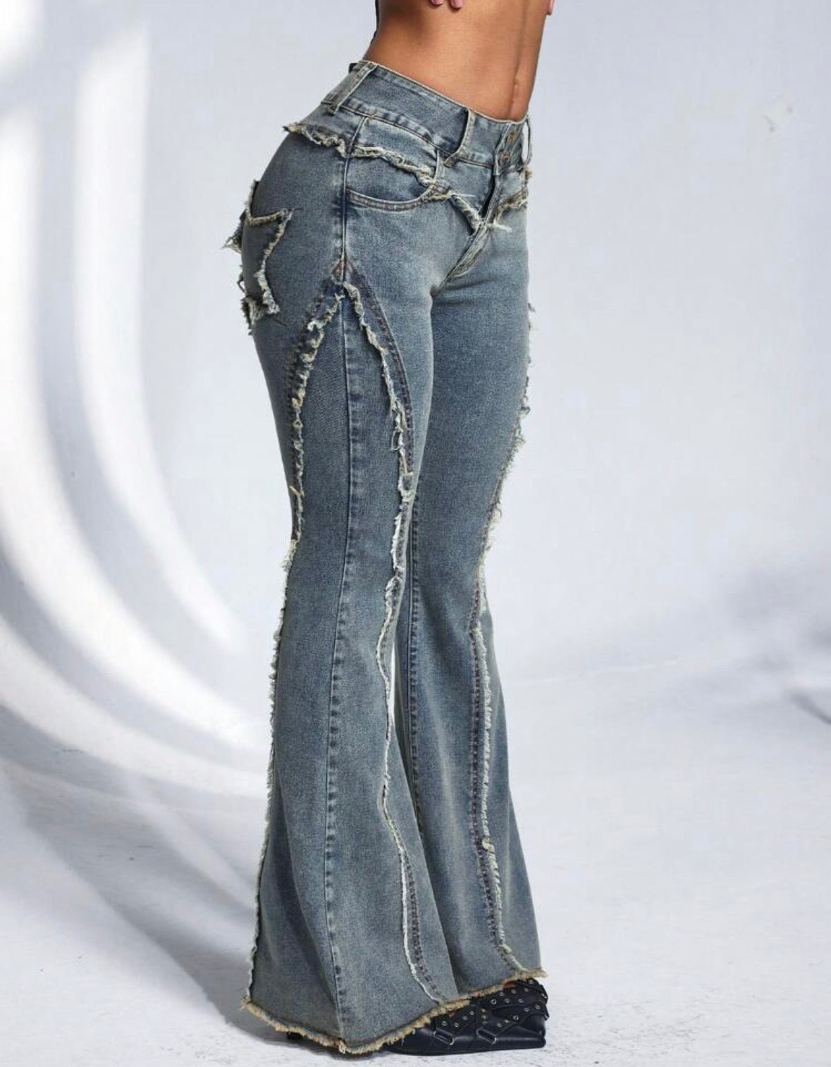 FZ Women's Pocket Frayed Hem Casual Flare Leg Denim Pants