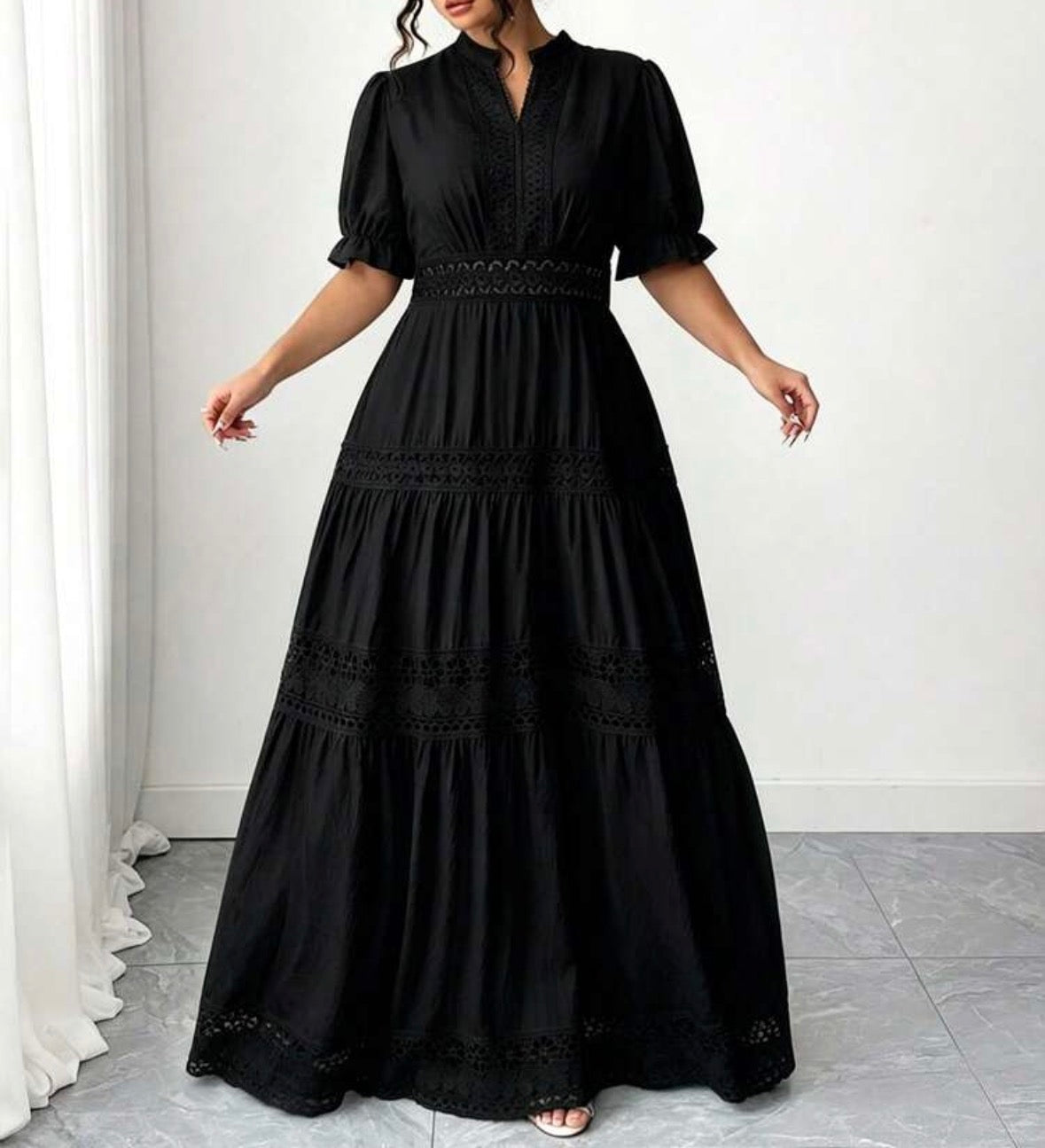 FZ Women's Plus Size Lace Trim Goddess Waist V-Neck French Style Sundress