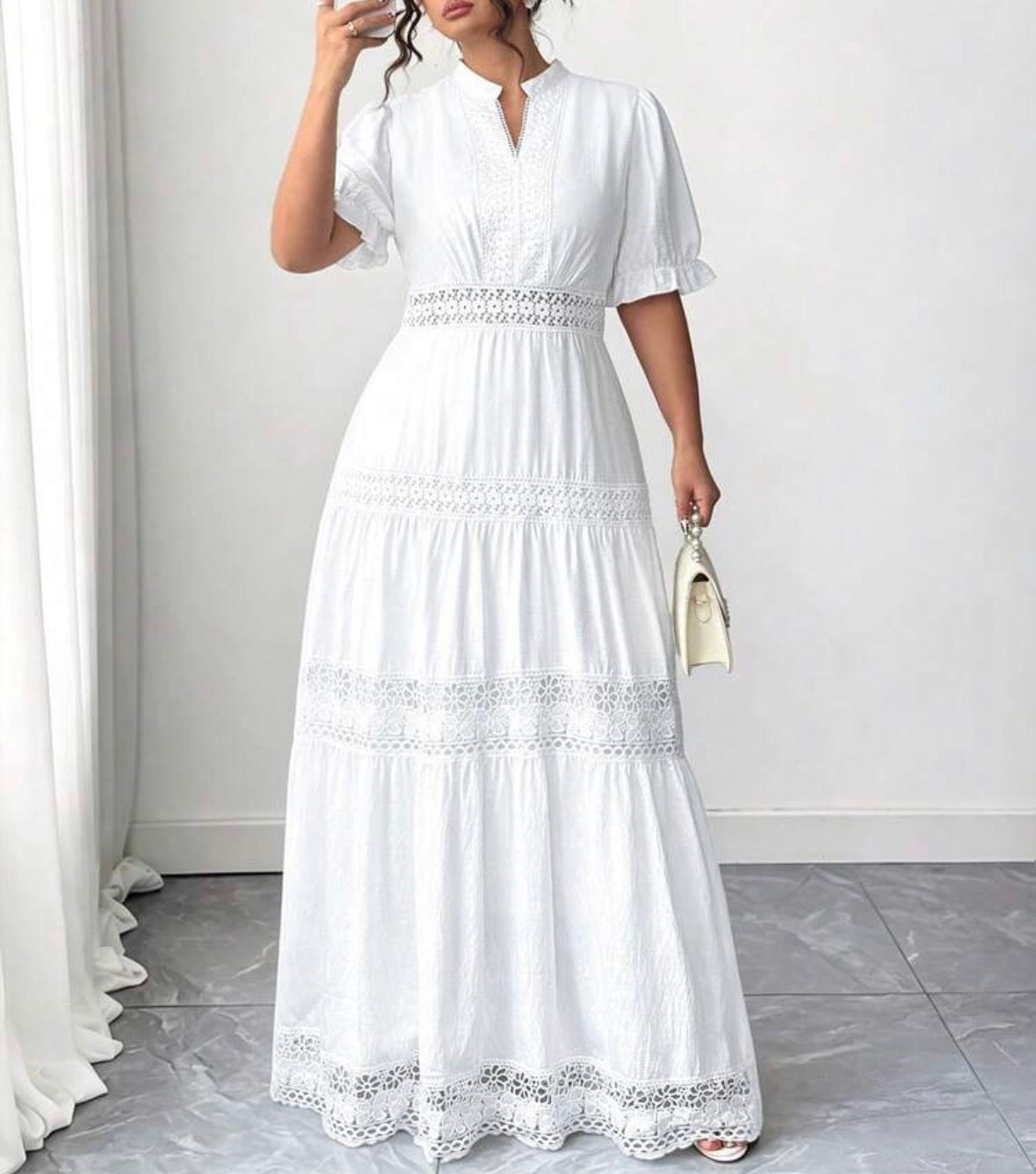 FZ Women's Plus Size Lace Trim Goddess Waist V-Neck French Style Sundress
