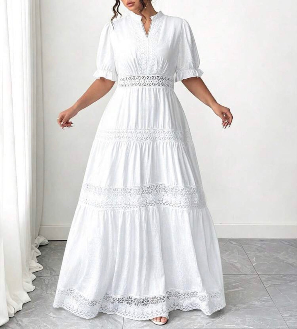 FZ Women's Plus Size Lace Trim Goddess Waist V-Neck French Style Sundress