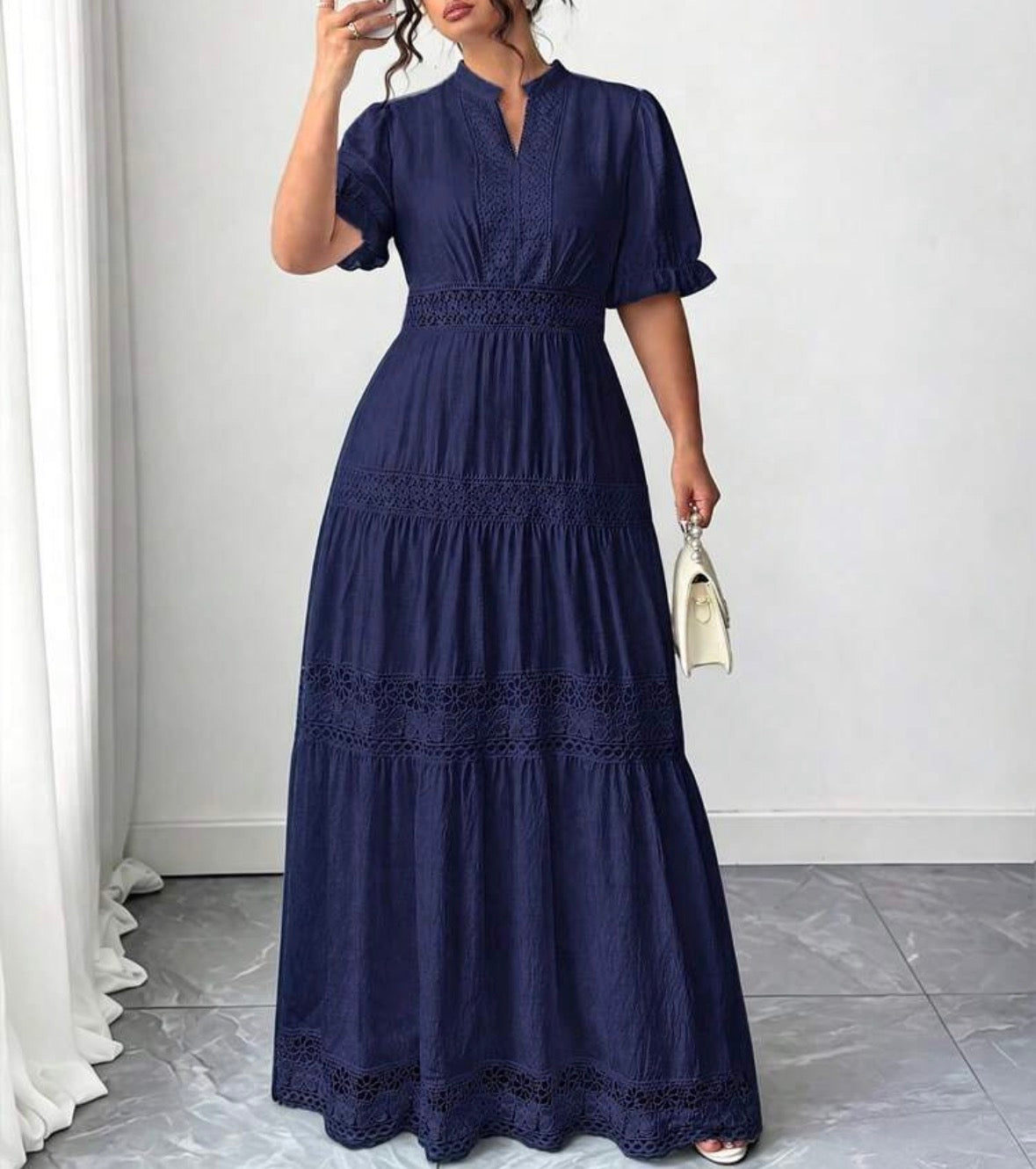 FZ Women's Plus Size Lace Trim Goddess Waist V-Neck French Style Sundress