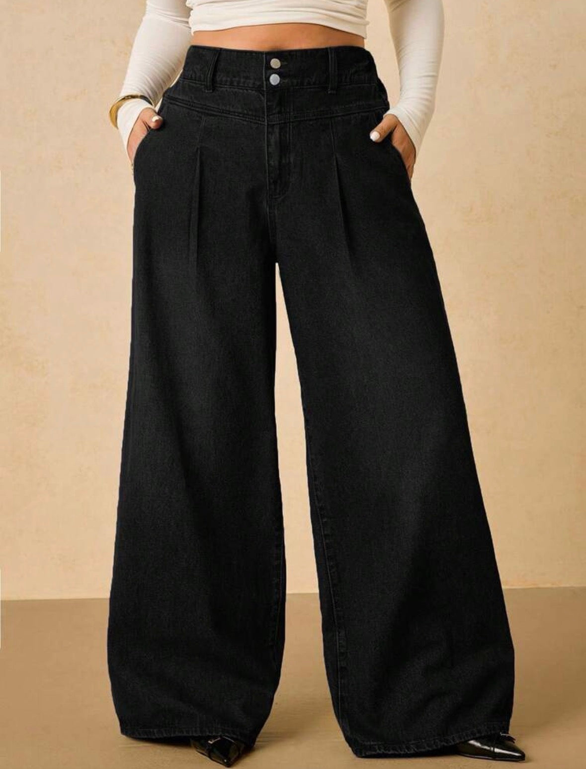 FZ Women's Plus Size Casual Versatile Solid Color Wide Leg Denim Pants