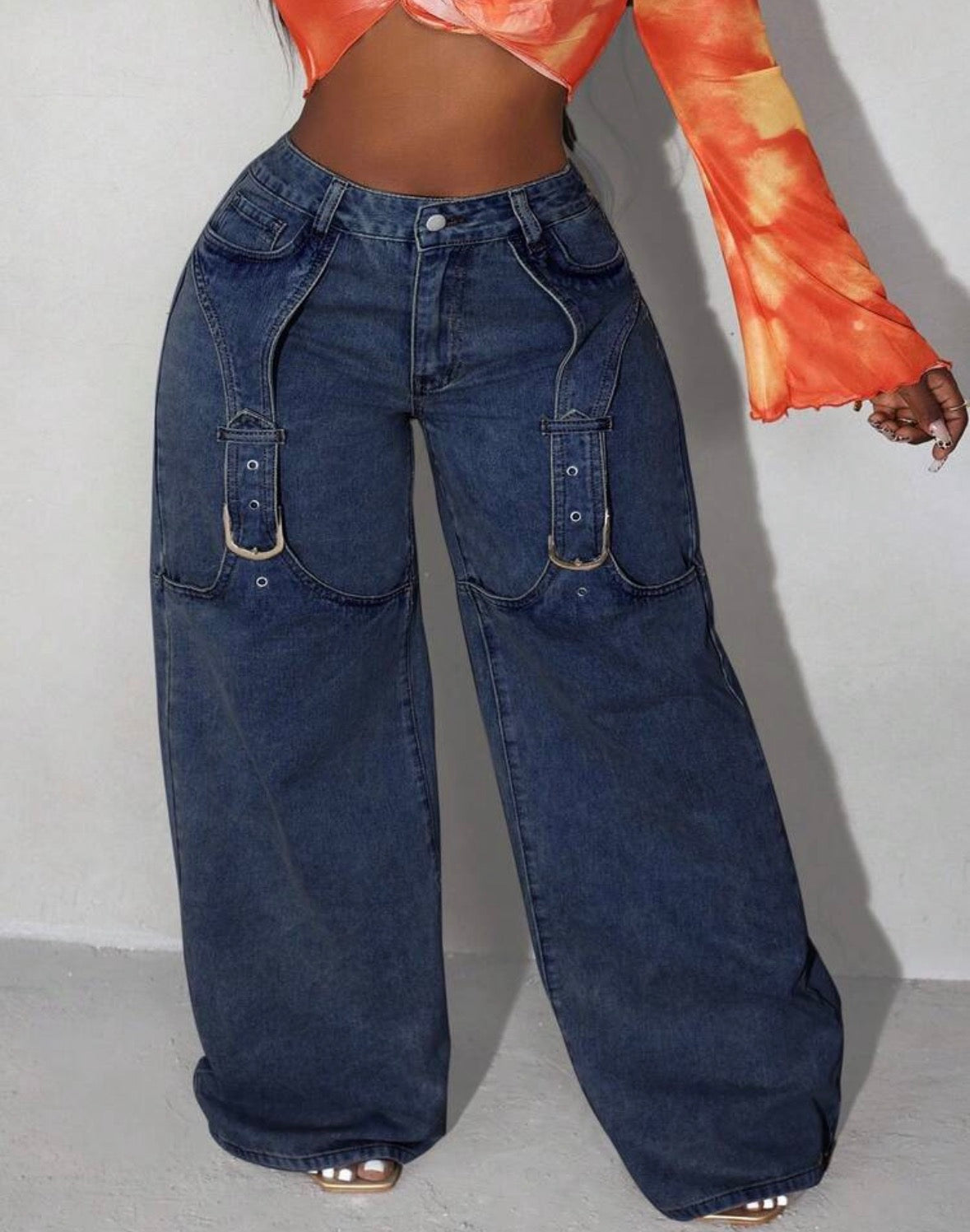 FZ Women's Plus Size Buttoned Detail Slant Pocket Wide Leg Denim Pants