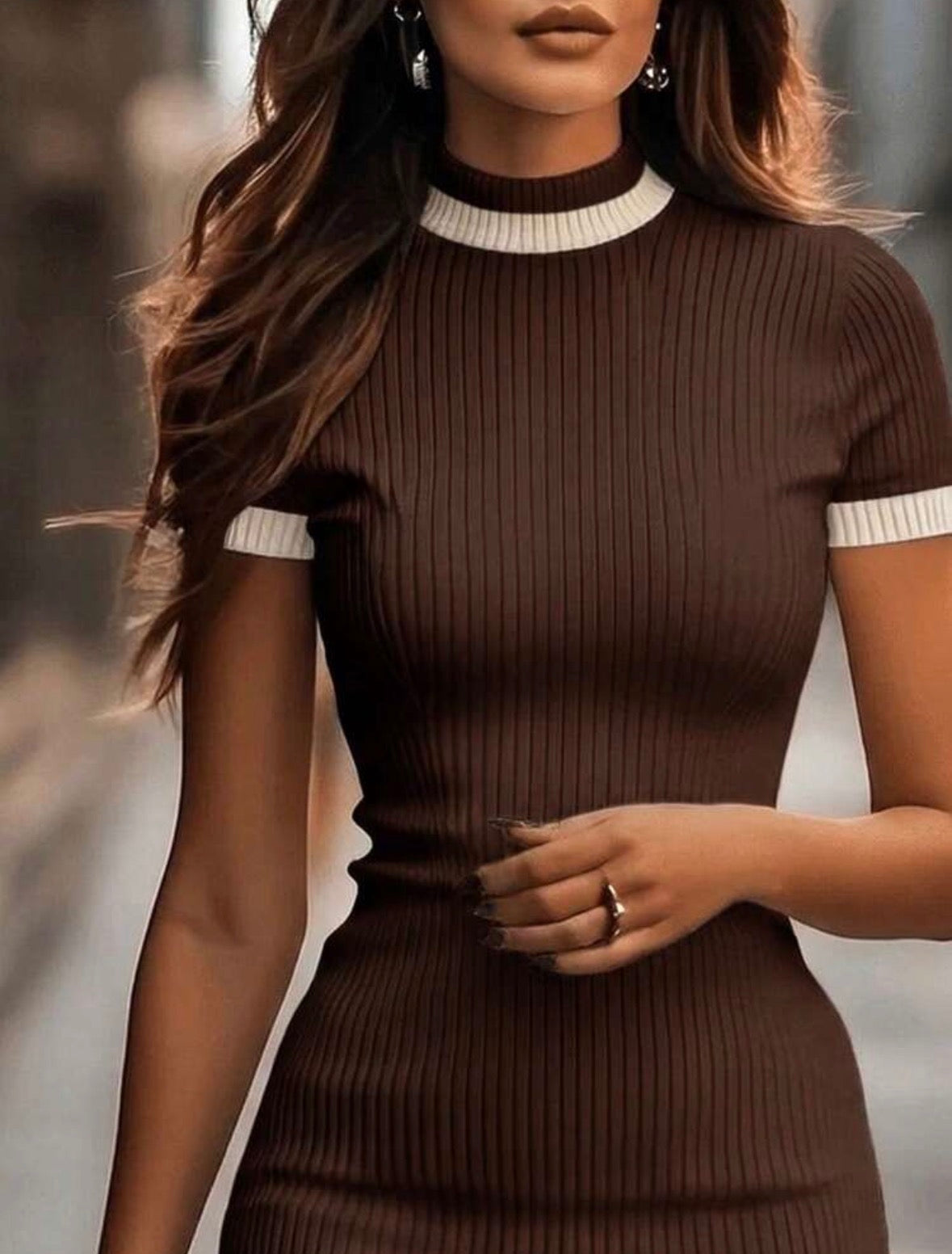 FZ Women's Ribbed Knit Contrast Trim Mock Neck Short Sleeve Bodycon Mini Dress