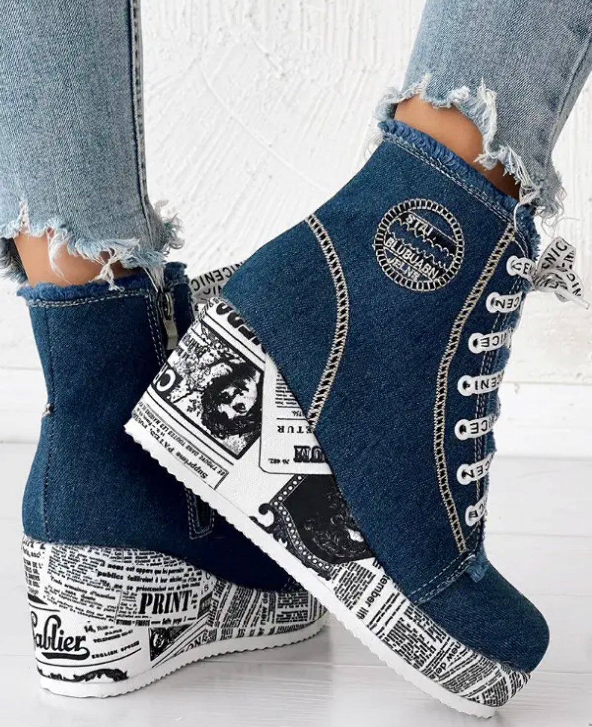 FZ Women's Newpaper Raw Hem Wedge Denim Ankle Boots - FZwear