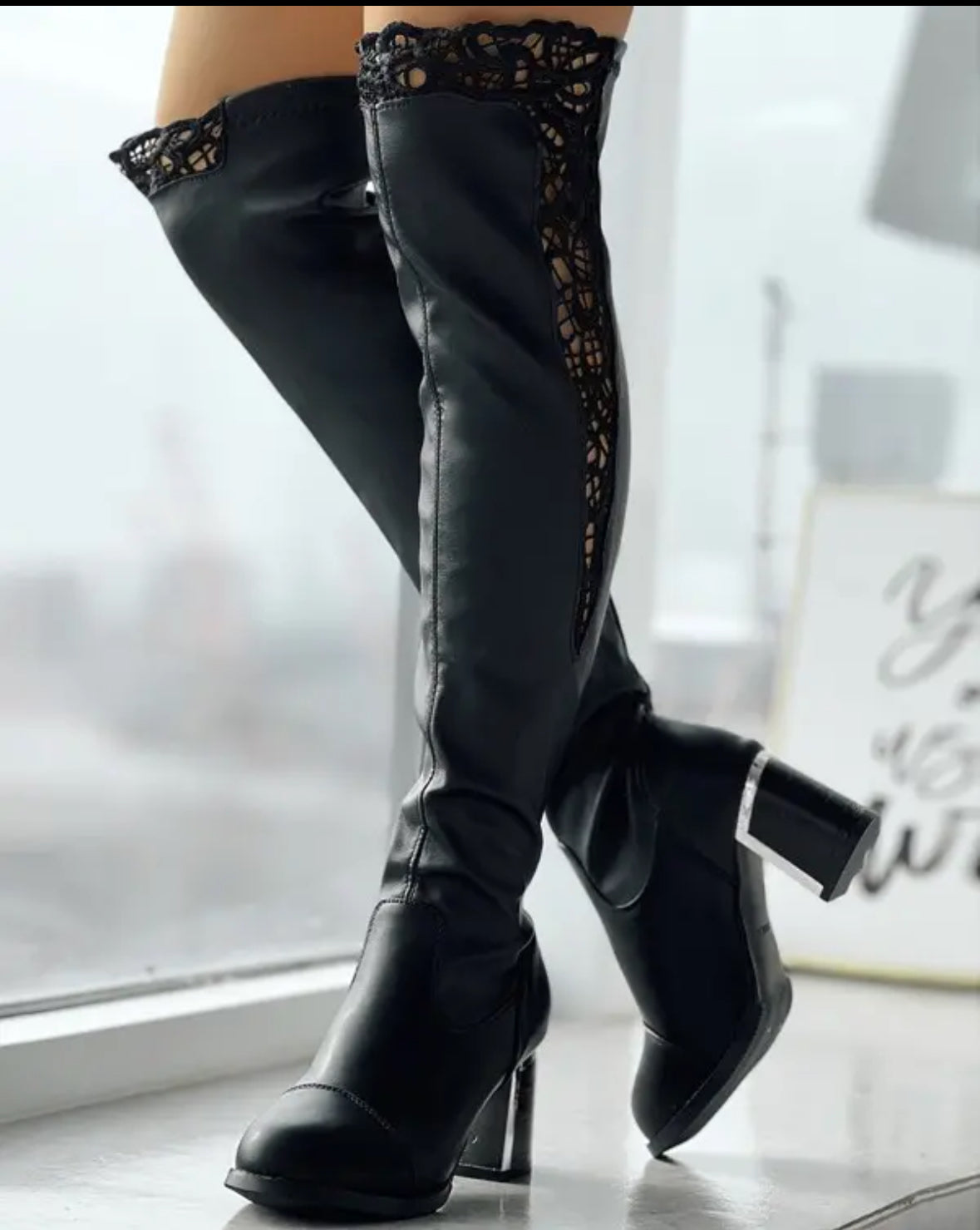 FZ Women's Contrast Lace Chunky Over The Knee Boots - FZwear