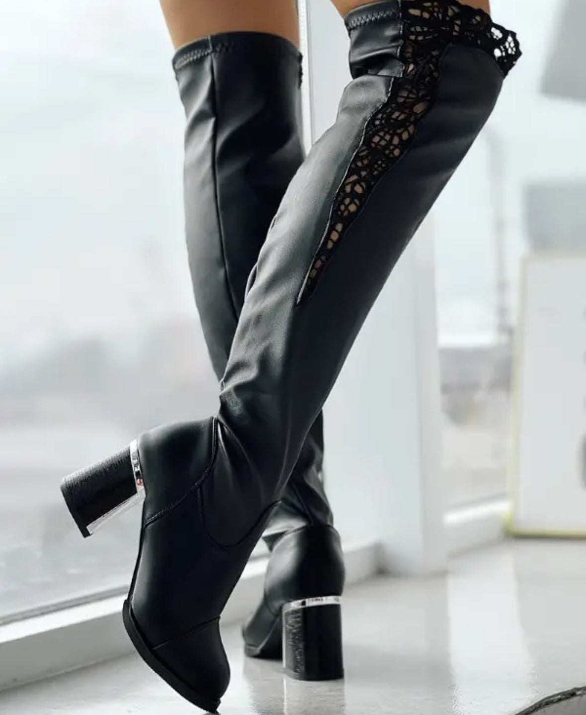 FZ Women's Contrast Lace Chunky Over The Knee Boots - FZwear