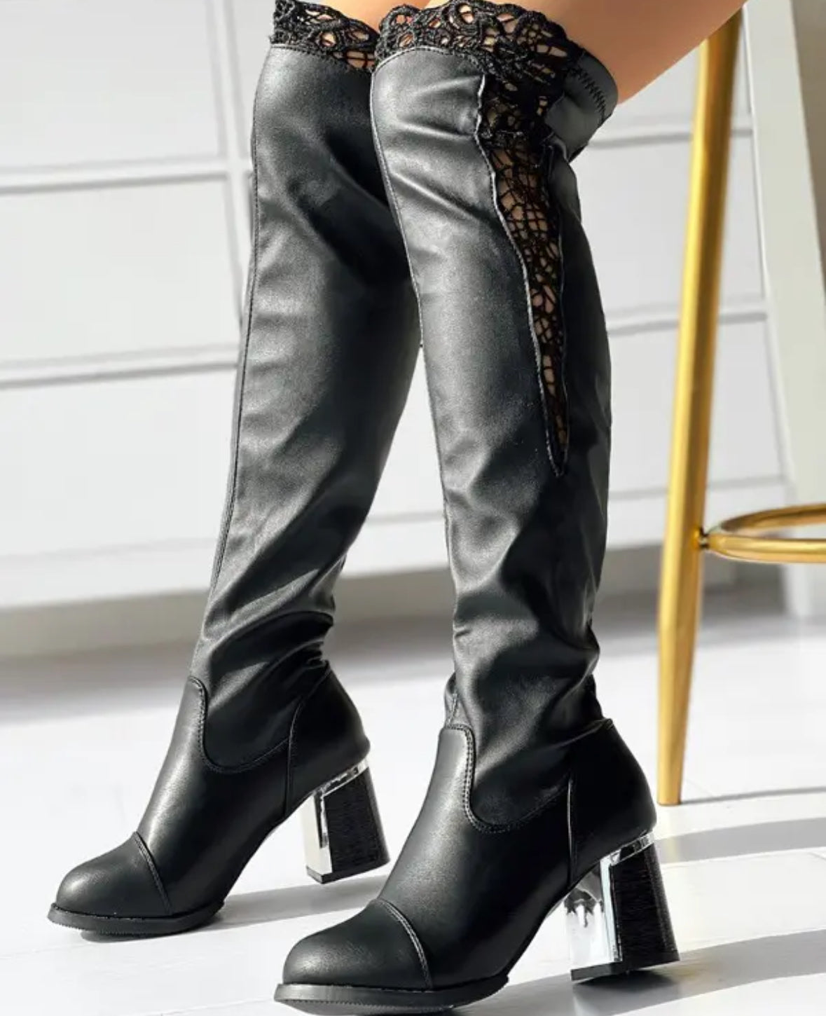 FZ Women's Contrast Lace Chunky Over The Knee Boots - FZwear