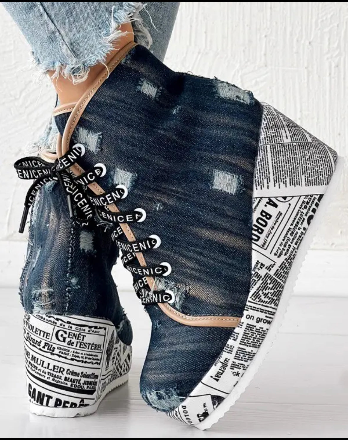 FZ Women's Newspaper Platform Washed Denim Ripped Wedge Boots - FZwear