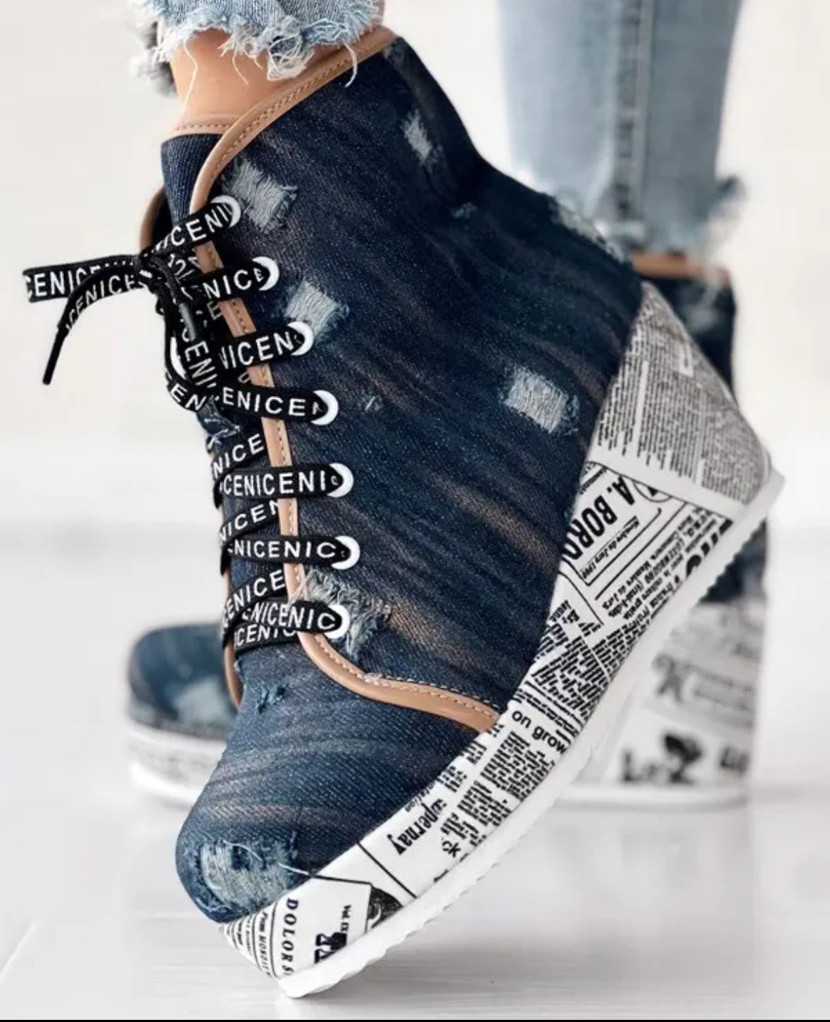 FZ Women's Newspaper Platform Washed Denim Ripped Wedge Boots - FZwear