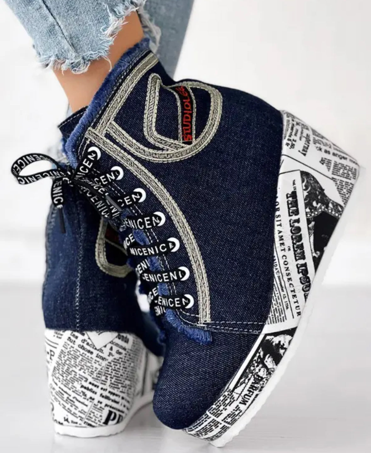 FZ Women's Newpaper Lace-up Platform Wedge Ankle Boots - FZwear