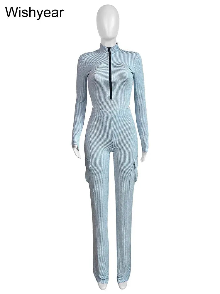 Knitted Rib Tracksuits Set Women‘s Sports Fall Winter Bodysuits Tops and Cargo Pants Two 2 Piece Suit Fitness Sportswear New FZwear