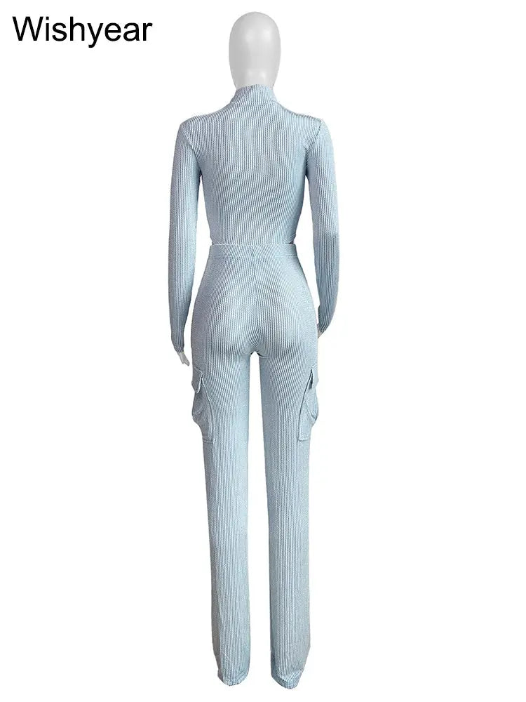 Knitted Rib Tracksuits Set Women‘s Sports Fall Winter Bodysuits Tops and Cargo Pants Two 2 Piece Suit Fitness Sportswear New FZwear