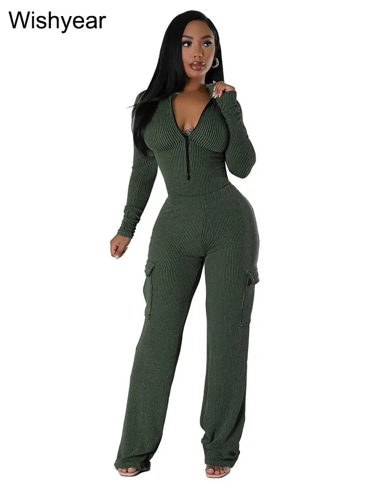 Knitted Rib Tracksuits Set Women‘s Sports Fall Winter Bodysuits Tops and Cargo Pants Two 2 Piece Suit Fitness Sportswear New FZwear