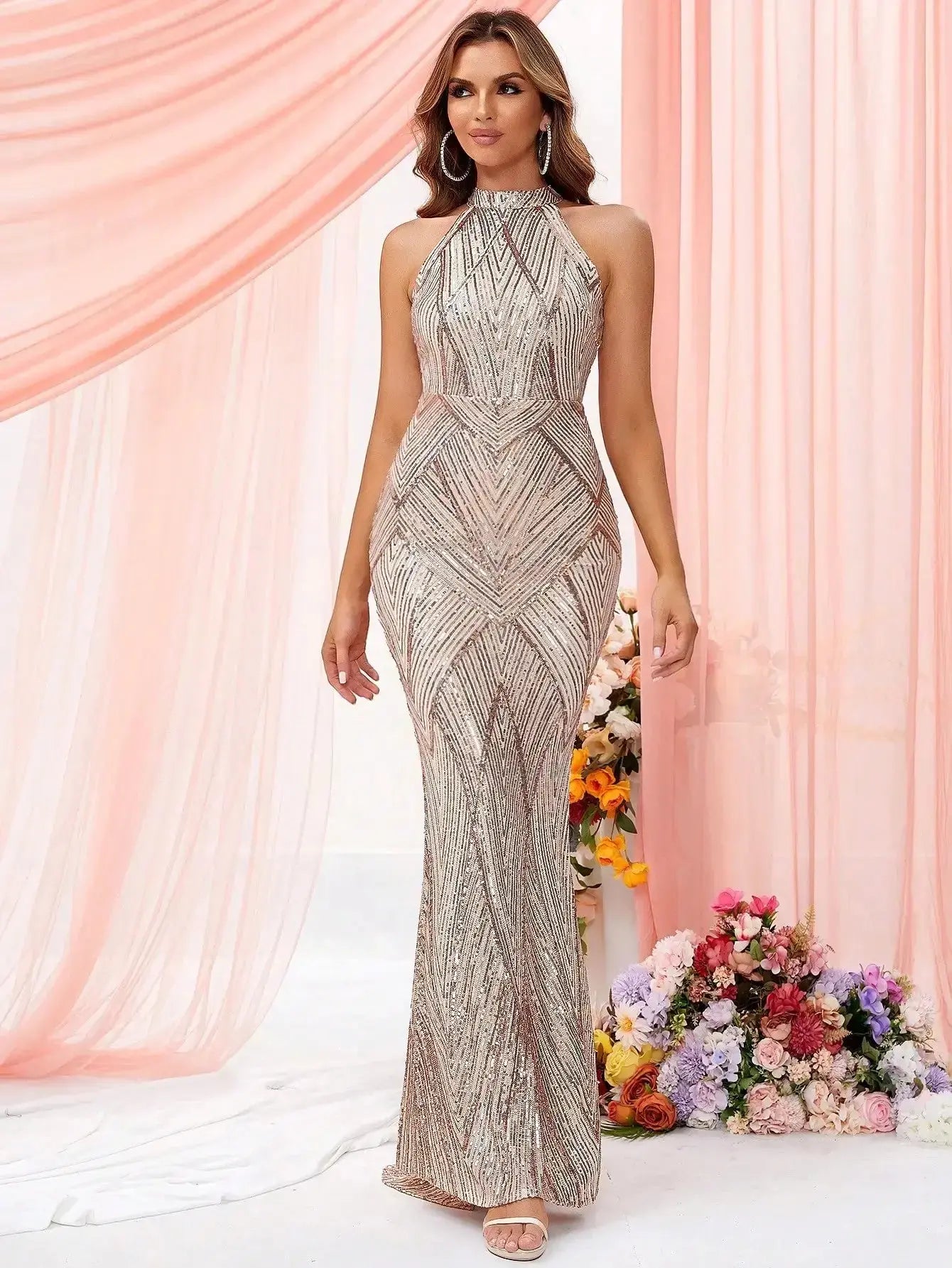 LOVE&LEMONADE Sexy Halter Sequin Mermaid Hem Party Evening Maxi Dress for Women Wholesale Dropshipping LM85680 FZwear