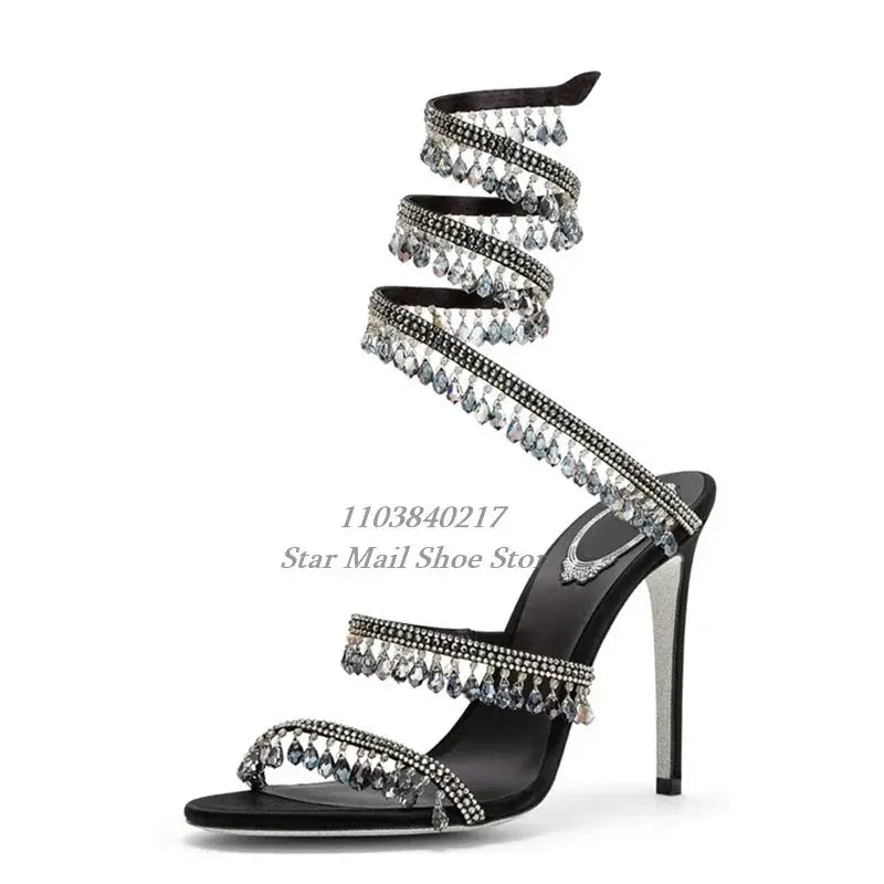 Luxurious Crystal Pendant Sandals 10 Cm Super High Heel Double Strap High Heels Designer Evening Ankle Wrap Straps Slip On Shoes FZwear