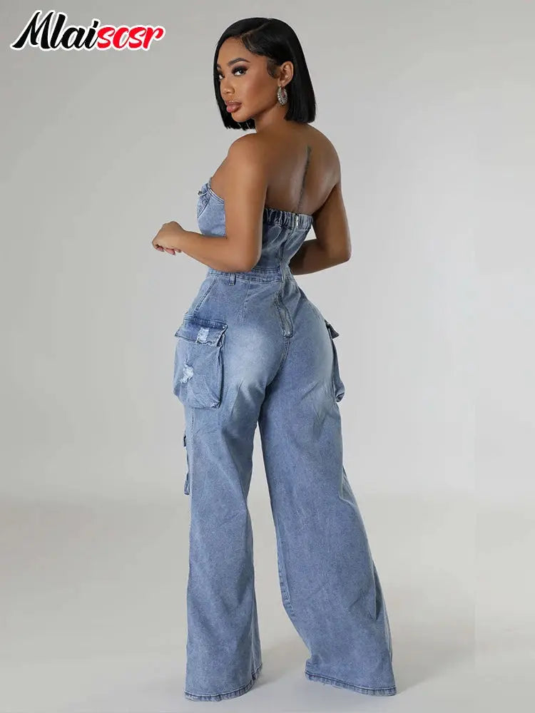 Mlaiscsr Multi Pockets Ripped Stretch Denim Cargo Pants Blue Wide Legs Jumpsuits Women Sleeveless Off Shoulder Rompsers Overalls FZwear