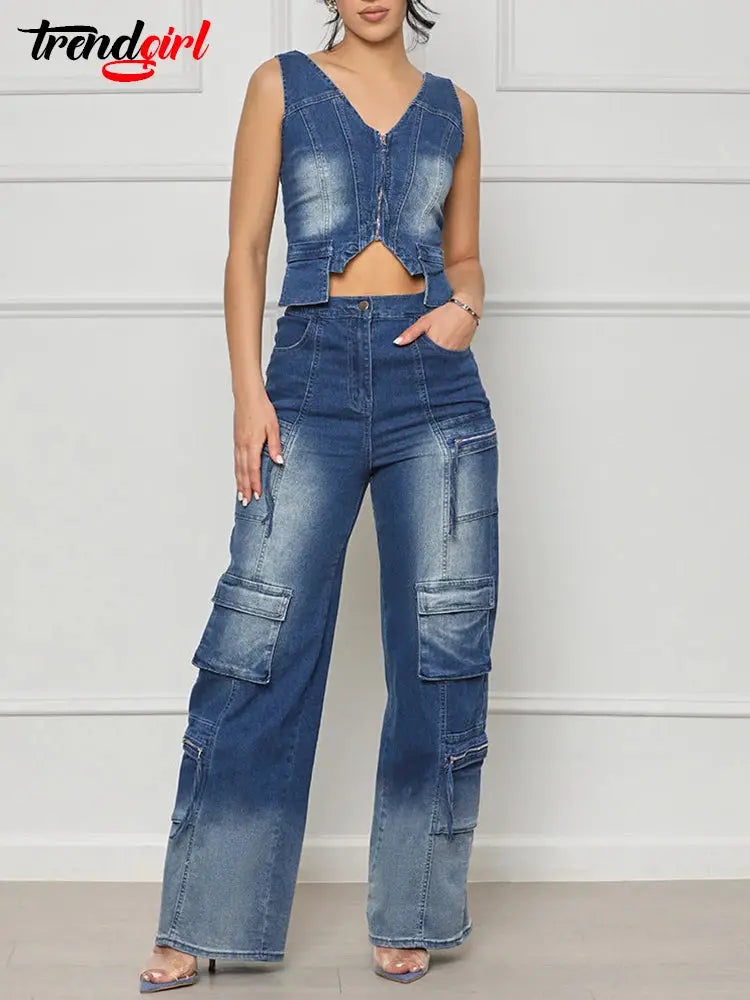 Mlaiscsr Streetwear Denim Wide Leg Pants Two Piece Set Women's Summer Zipper Vest Crop Top and Baggy Jeans Pockets Club Outfits FZwear