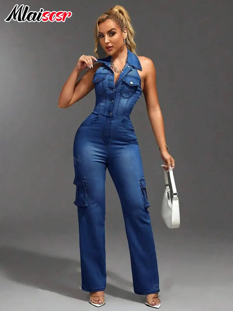 Mlaiscsr Women Clothing Blue Denim One Piece Jumpsuit Halter Backless Sleeveless Straight Jean Overalls Cargo Pants Rompers New FZwear