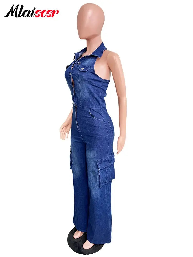 Mlaiscsr Women Clothing Blue Denim One Piece Jumpsuit Halter Backless Sleeveless Straight Jean Overalls Cargo Pants Rompers New FZwear