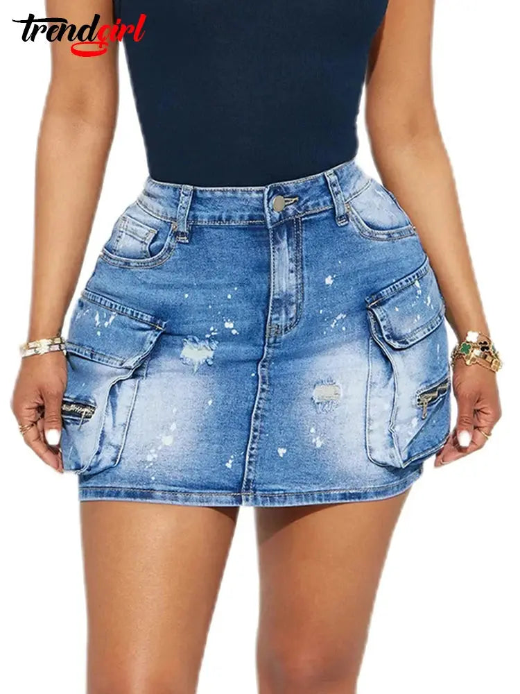 Mlaiscsr Women's Denim Skirt Summer Pocket Design Buckled High Waist Blue Daily Skinny Mini Skirts Y2K Night Club Jean Dress FZwear