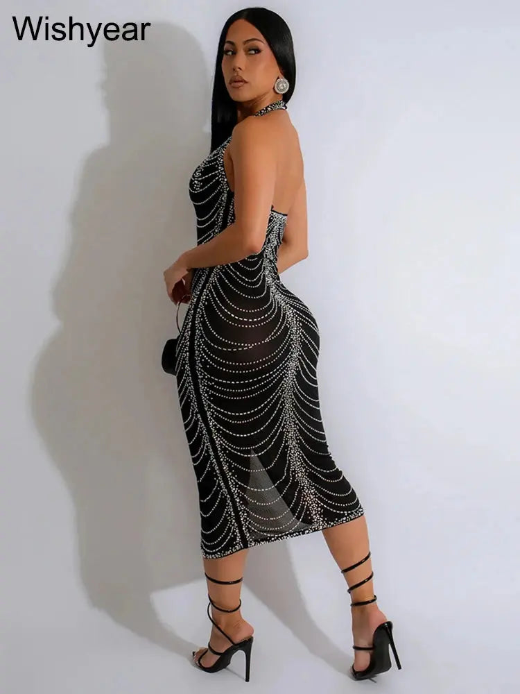 New Sexy Diamonds Halter Black Party Bodycon Midi Dress Women Sleeveless Backless Front Split Birthday Night Prom Club Vestidos FZwear