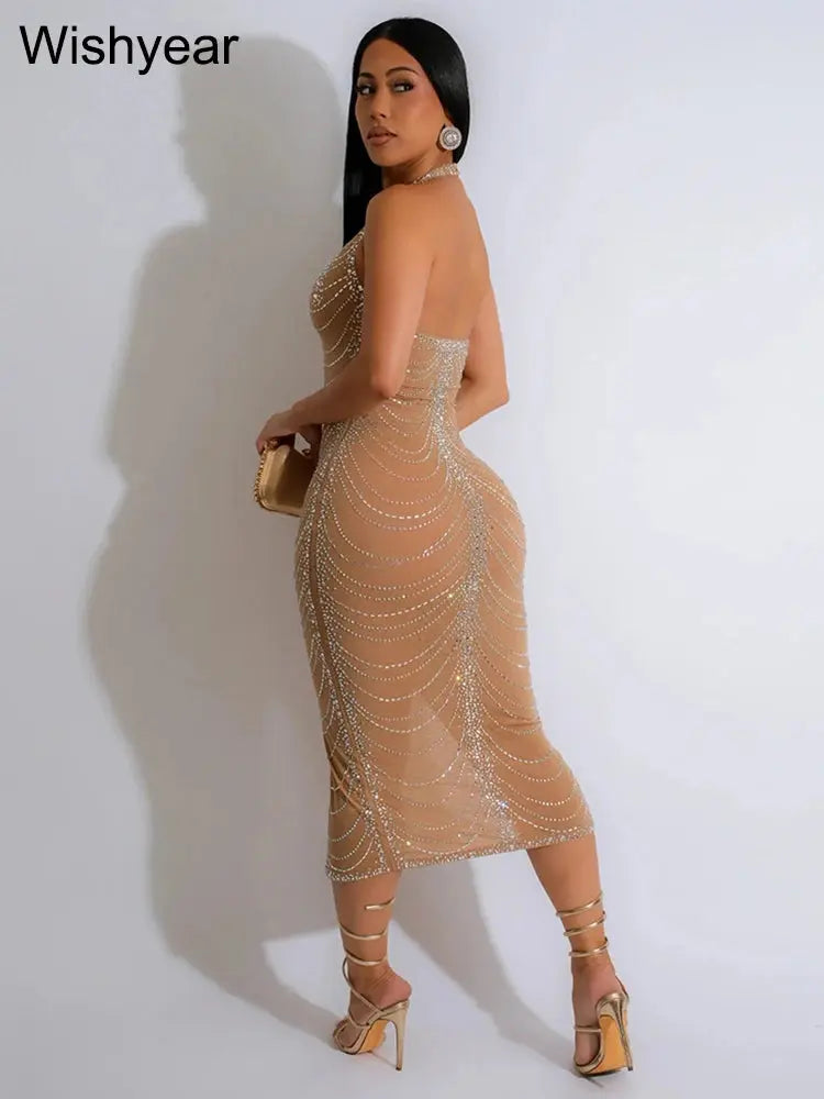 New Sexy Diamonds Halter Black Party Bodycon Midi Dress Women Sleeveless Backless Front Split Birthday Night Prom Club Vestidos FZwear