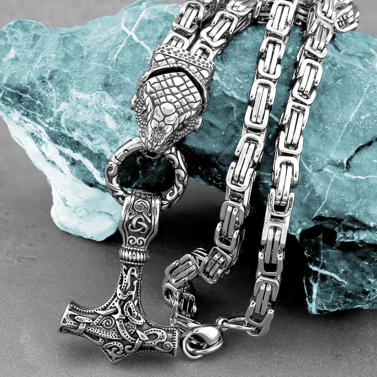 Nordic Odin Snake Head Necklace Fashion Men Thor's Hammer Stainless Steel Pendant Vintage Charm Accessories Jewelry Wholesale FZwear