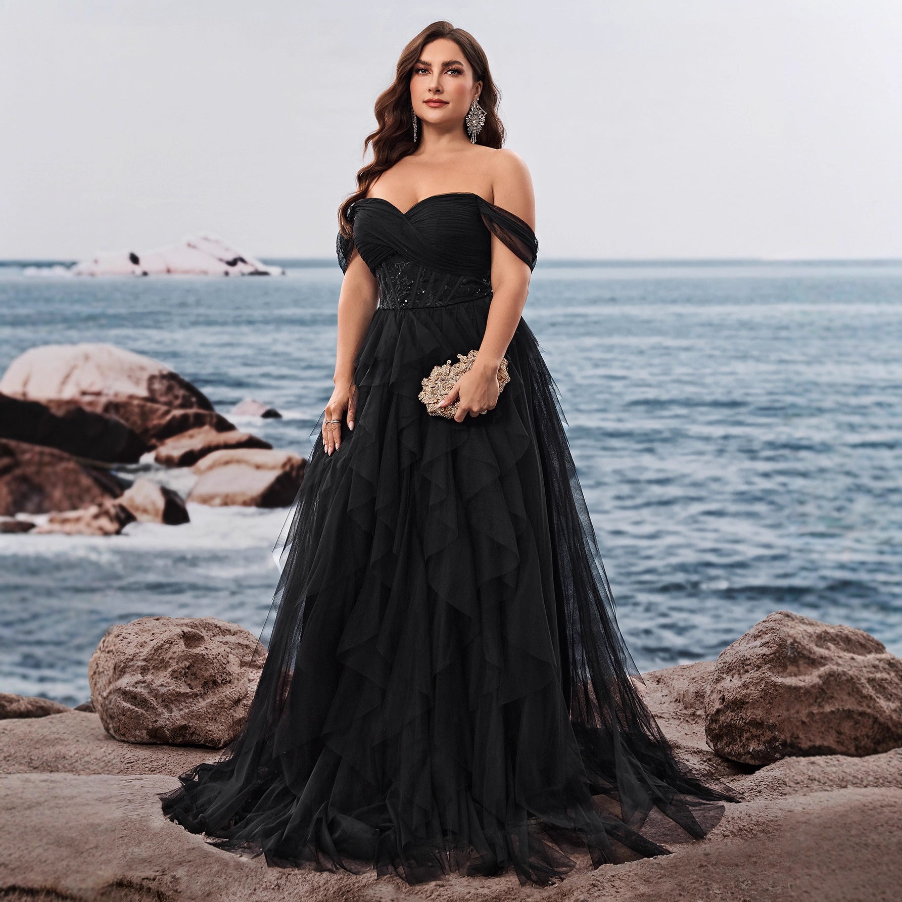 FZ Women's Plus Size Cold Shoulder Cocktail Tiered Evening Dress