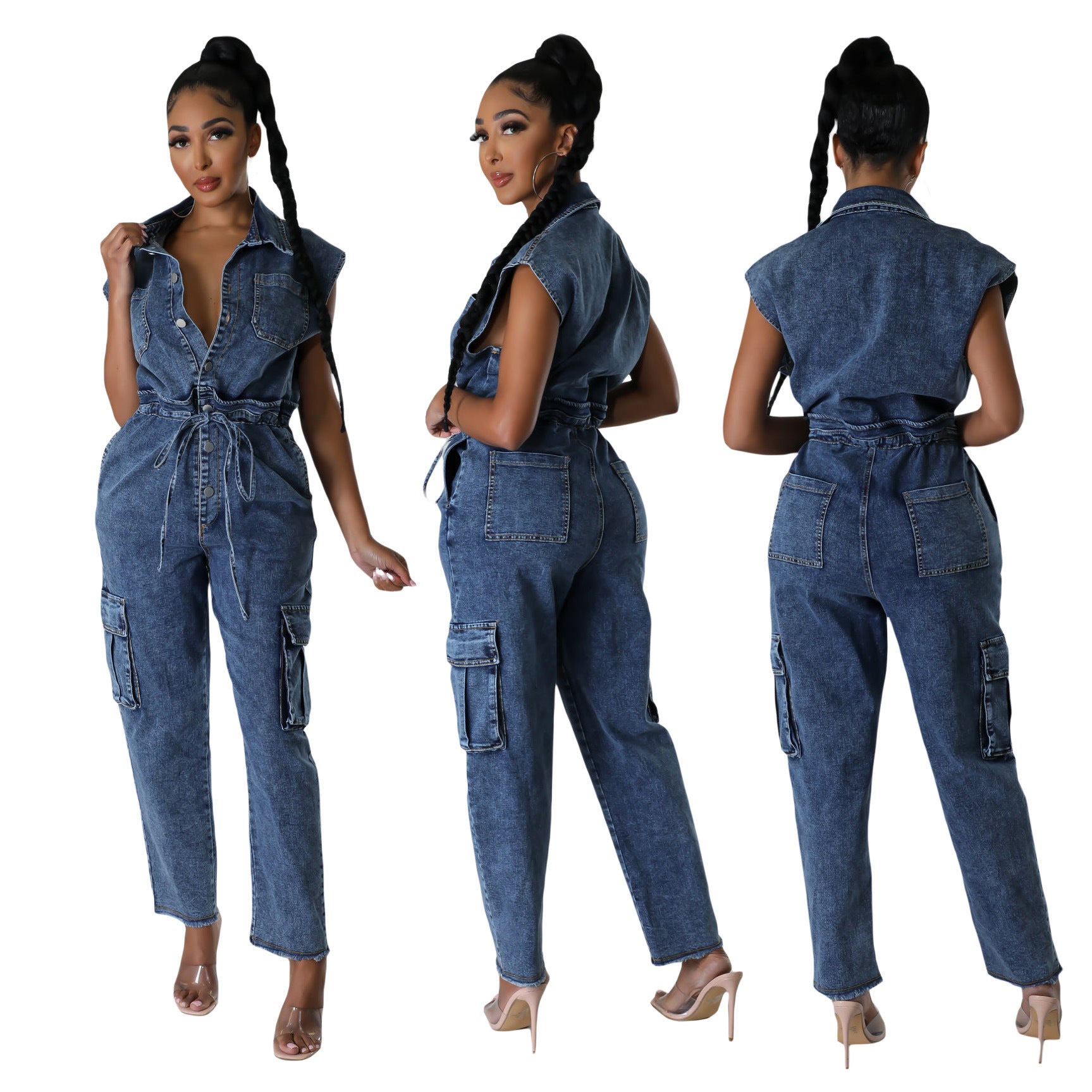 FZ Women's Tight Waist Slim Elastic Washing Denim Jumpsuit Joliss