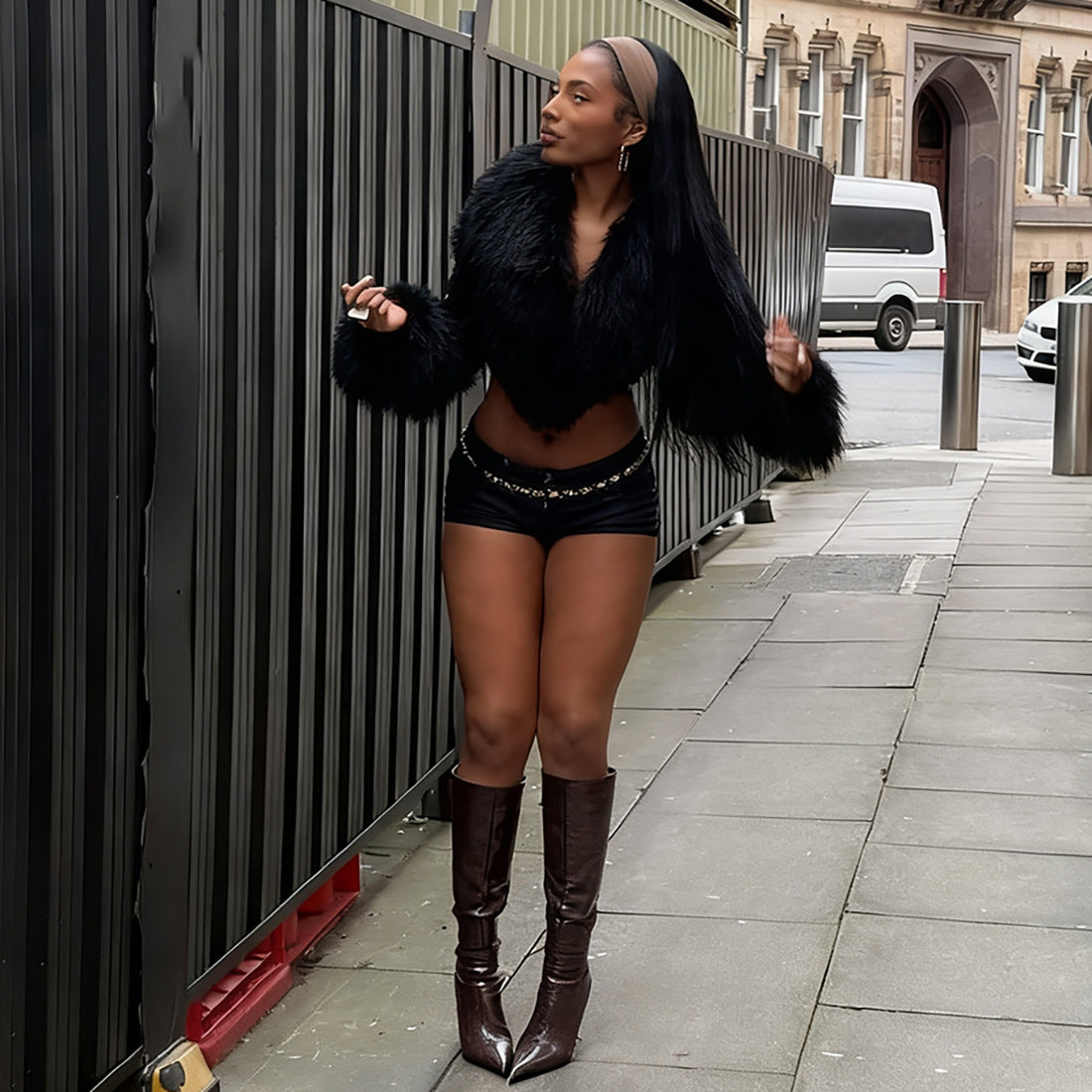 FZ Women's Tassel Fur Collar Stitching V neck Cropped Leather Jacket