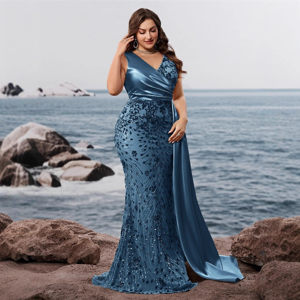 FZ Women's Plus Size Sequin Stitching Fit V neck Short Sleeve Cocktail Evening Dress